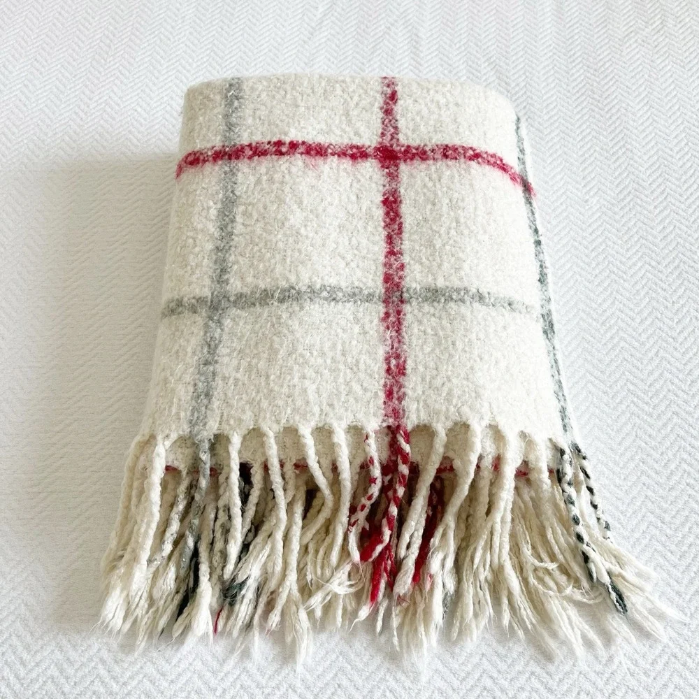 Pottery Barn Throw Blanket Cream Red Green Plaid